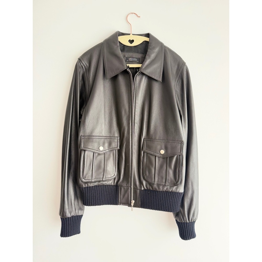 VTG Identity Lord & Taylor Black Leather Bomber Jacket Aviator Y2K Grunge Jr 14